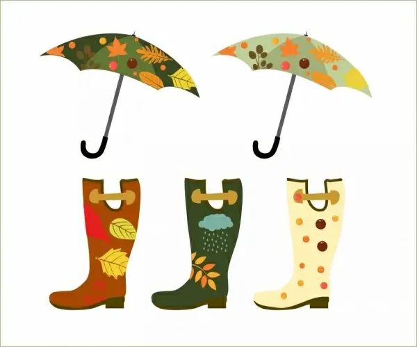 autumn design elements umbrella boot icons leaves decoration