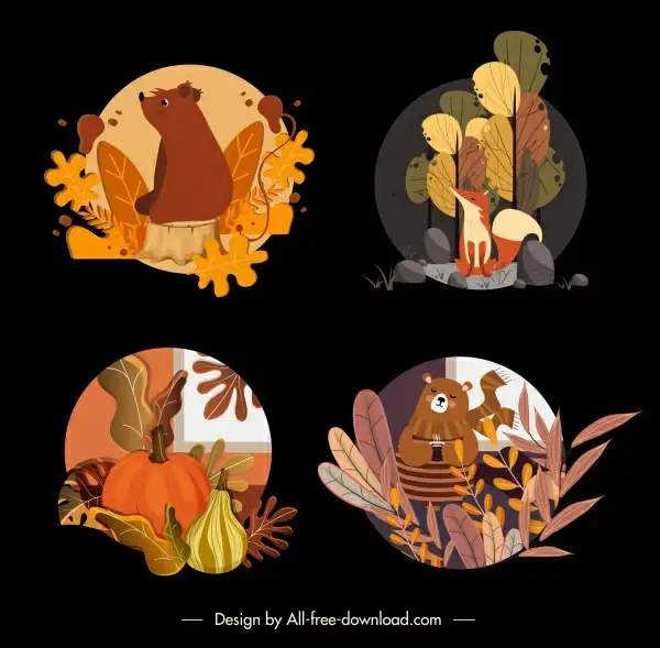 autumn icons dark colorful classic symbols sketch