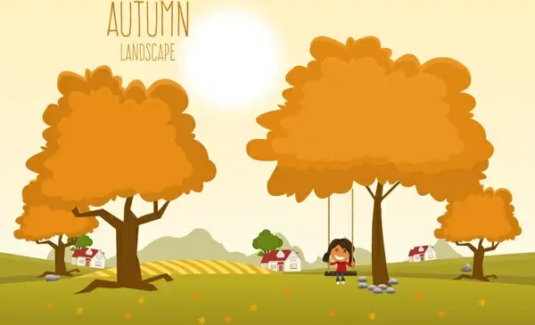 autumn landscape under sunshine vector illustration