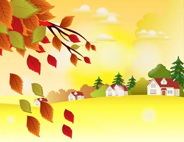 autumn landscape vector illustration with homes and trees