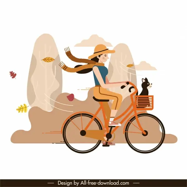 autumn painting girl riding bicycle wind sketch