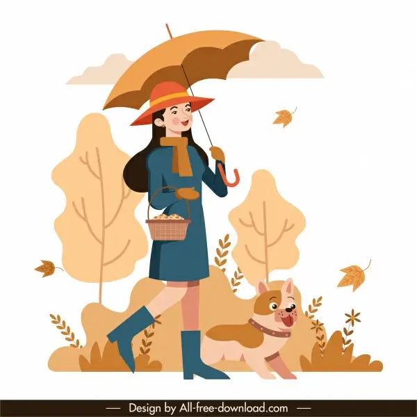 autumn painting walking girl dog icon cartoon sketch