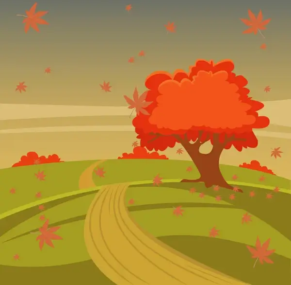 autumn scenery vector illustration with tree on hill