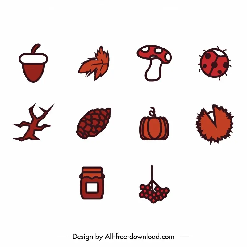 autumn season icon sets classical plants animals symbols sketch