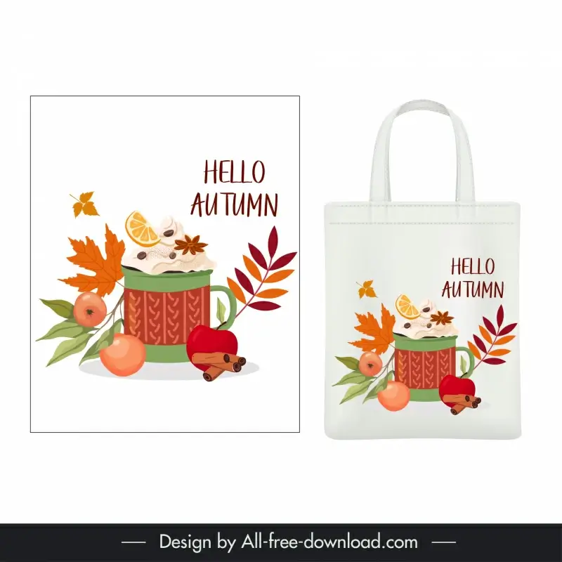 autumn tote bag template elegant leaves fruit cream cup 