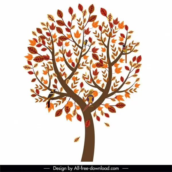autumn tree icon luxuriant leaves perching birds sketch