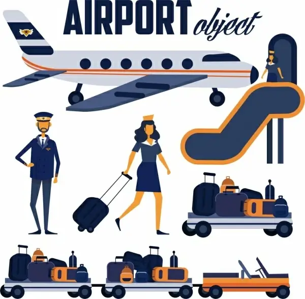 aviation design elements airplane pilot luggage stewardess icons