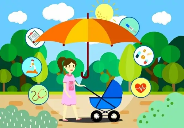baby care design elements mother trolley umbrella icons