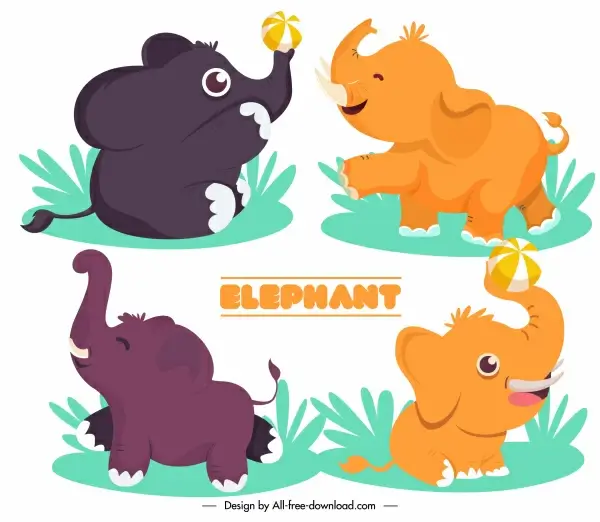baby elephant icons joyful sketch cute cartoon design