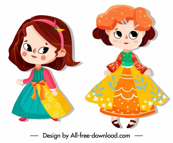 baby girl icons colorful costumes cute cartoon characters