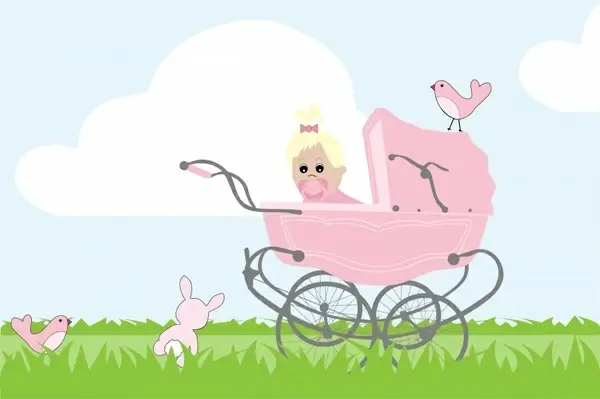 baby girl with stroller cartoon vector illustration