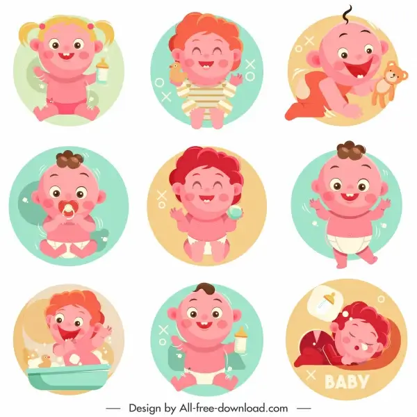 baby icons cute cartoon characters circles isolation