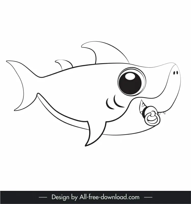 baby shark cartoon character icon flat black white handdrawn outline  
