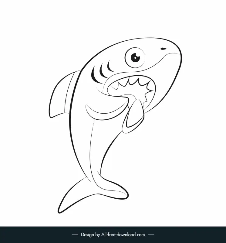 baby shark icon dynamic black white handdrawn cartoon outline 