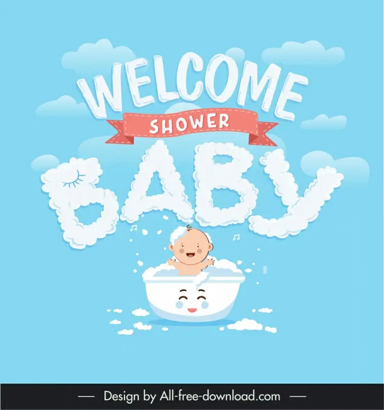 baby shower invitation card template cute cartoon design clouds texts bathing sketch