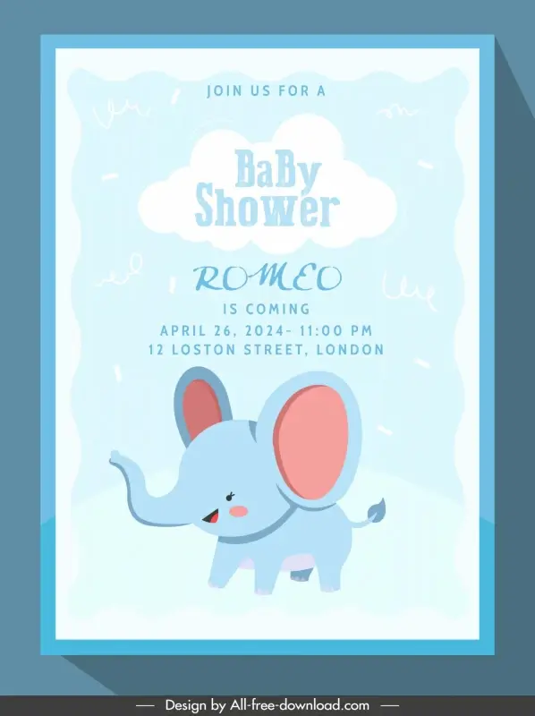 baby shower invitation card template cute cartoon elephant calf 