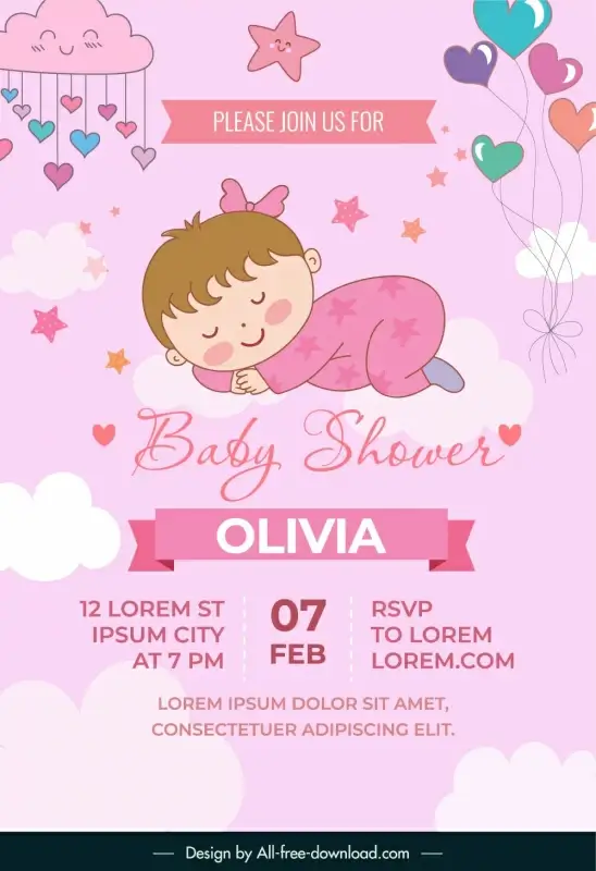 baby shower invitation template cute sleeping child stars clouds hearts