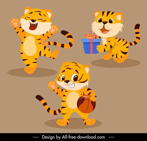 baby tigers icons cute cartoon characters stylized design