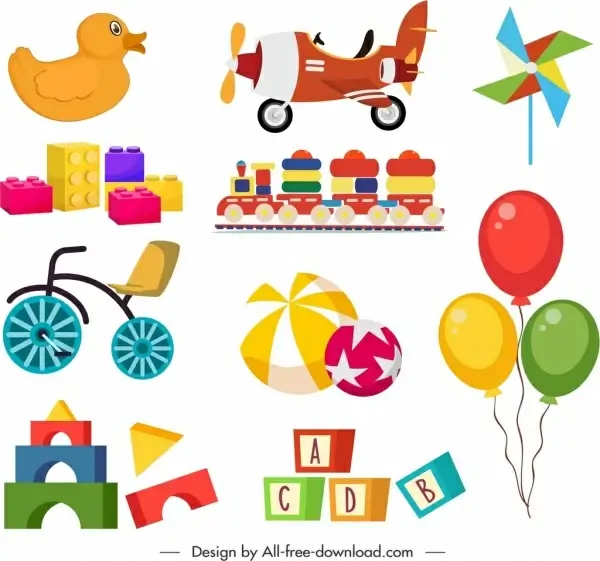baby toys icons colorful flat 3d design