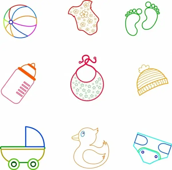 baby utensils collection flat colored outline