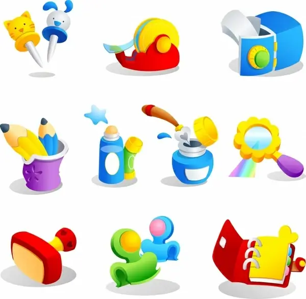 toy object icons colorful modern 3d design