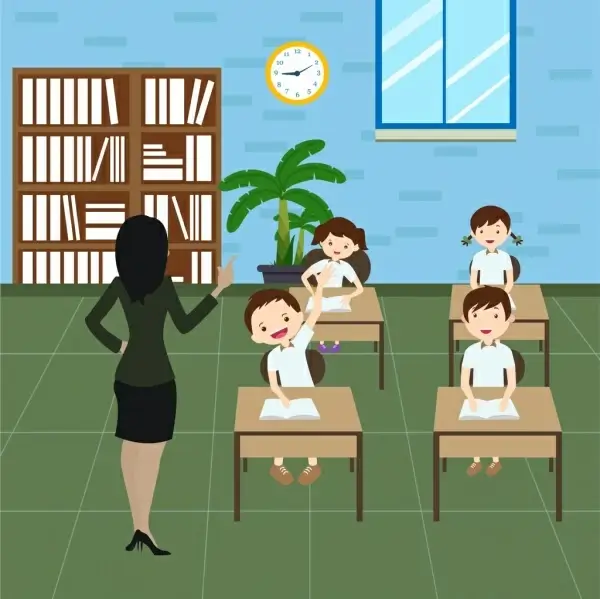back to school background teacher pupils icons