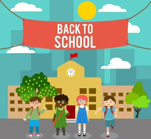 back to school banner pupil icons colored cartoon