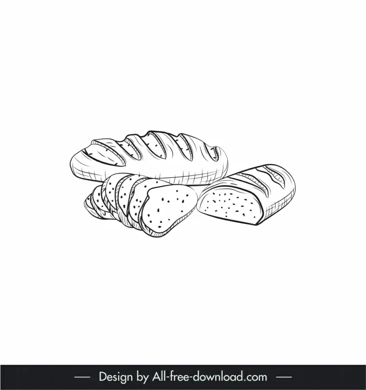 baguette bread slices loaves icons black white handdrawn outline