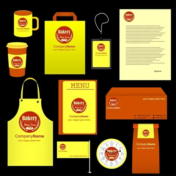 bakery identity sets logo elements on yellow background