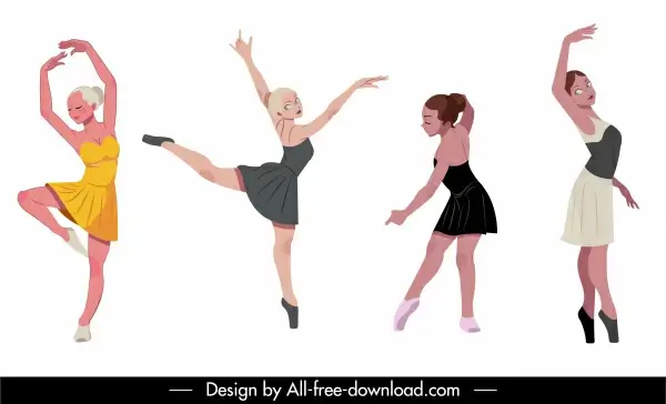 ballet dancer icons beautiful girls sketch dyanmic cartoon