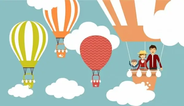 balloons background colorful cartoon style family trip design