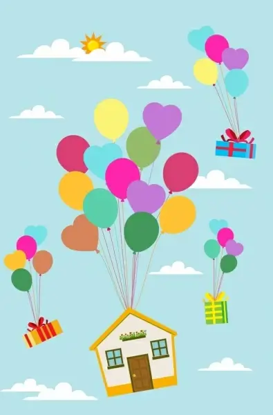 balloons background floating house presents decoration cartoon style