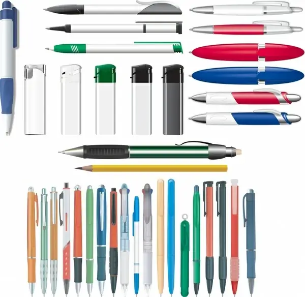 stationery background pen lighter pencil icons colored realistic