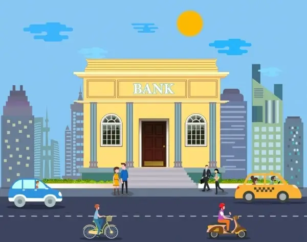 bank exterior design colored cartoon classical style