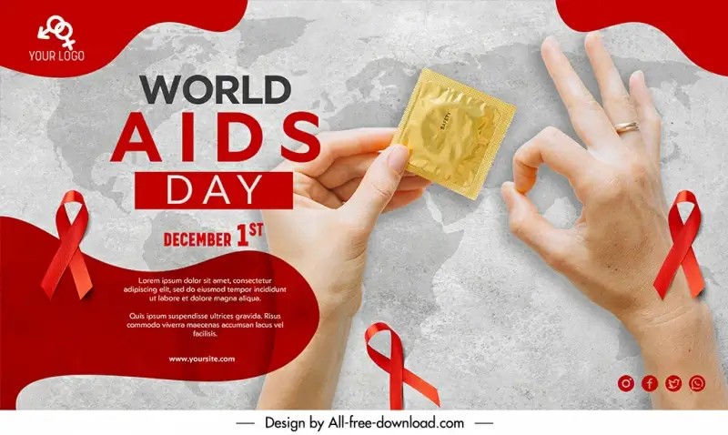 banner international aids day template hands holding condom world map sketch 