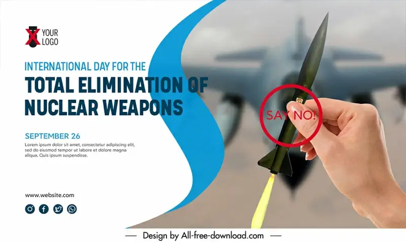 banner international day for the total elimination of nuclear weapons template hand holding rocket warplane sketch