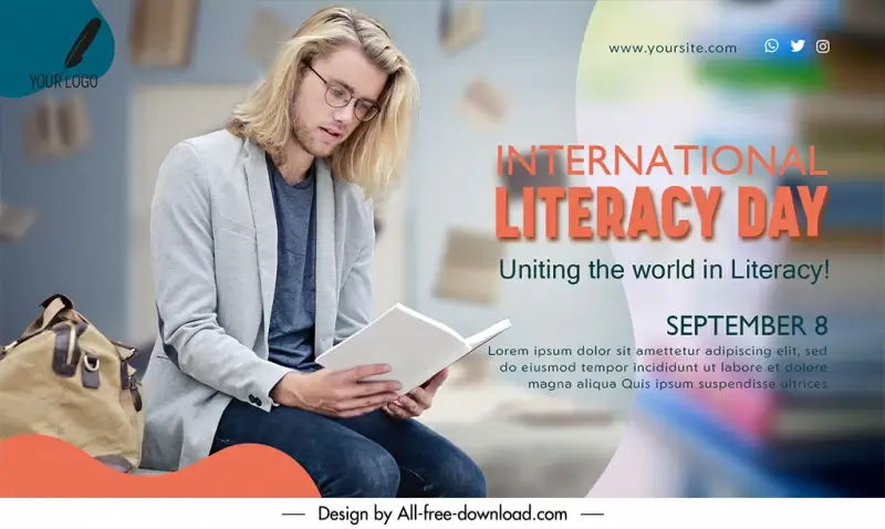 banner international literacy day template man reading book sketch modern realistic blurred design