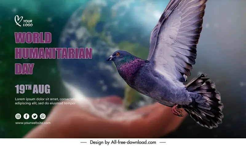 banner international world humanitarian day template hand holding earth pigeon sketch modern blurred realistic design  