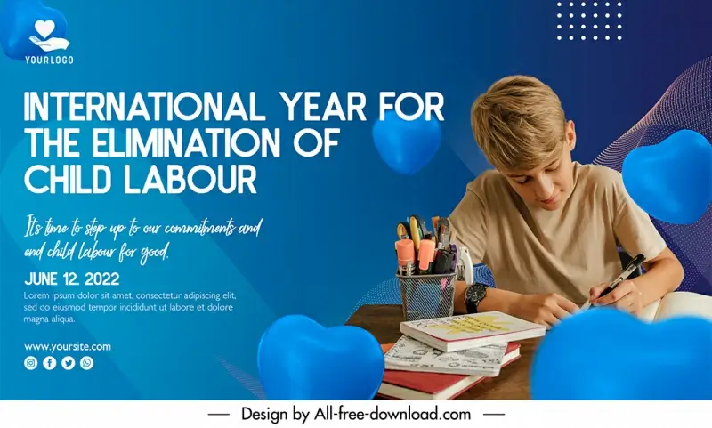 banner international year for the elimination of child labour template cute studying boy 3d hearts decor