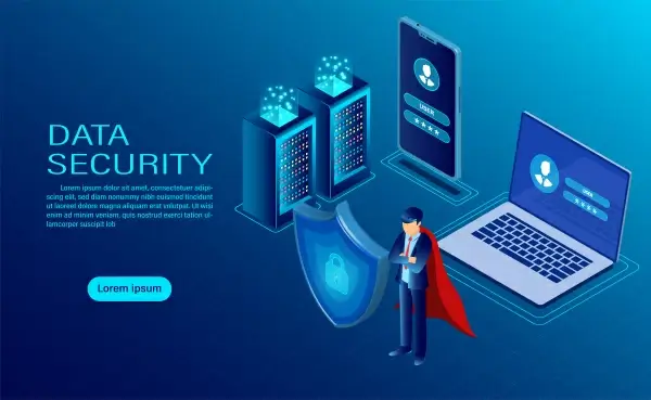 banner with hero protect data and confidentiality on computer and mobile data protection and security are confidential flat isometric vector illustration