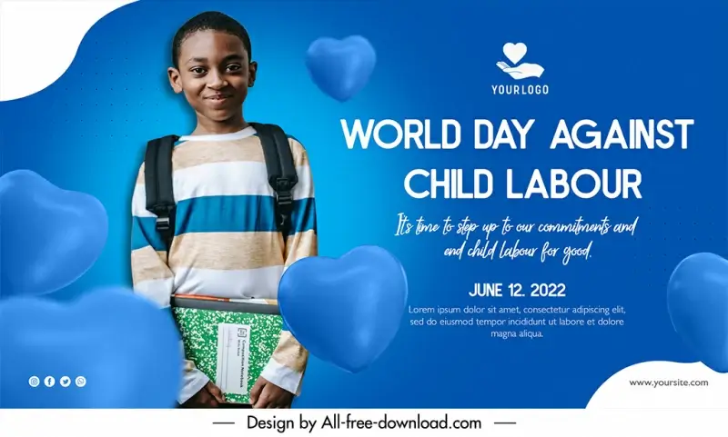 banner world day against child labour template cute black boy 3d hearts sketch realistic design