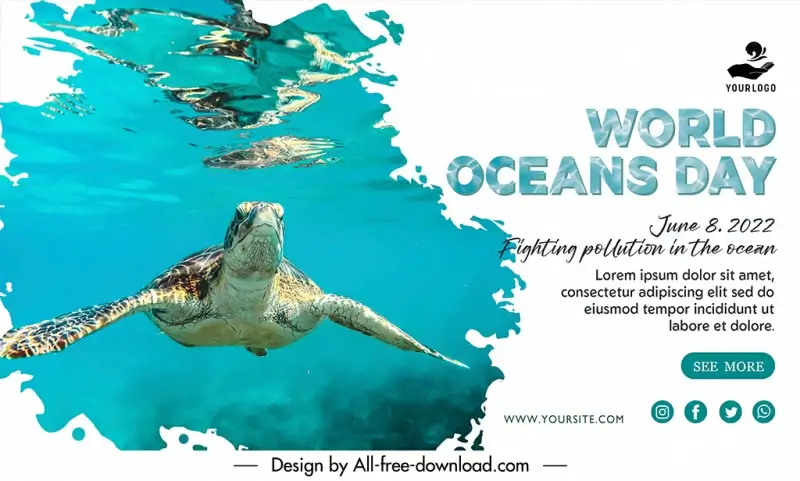 banner world oceans day banner template swimming tortoise sketch realistic design 