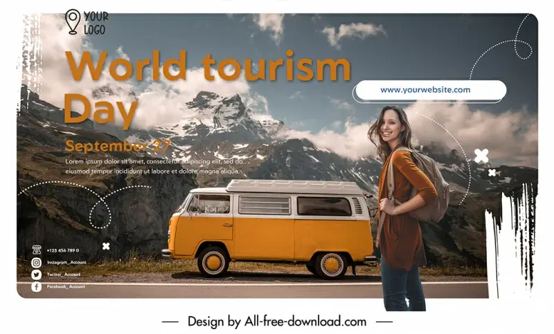 banner world tourism day template bus mountain scene tourist sketch