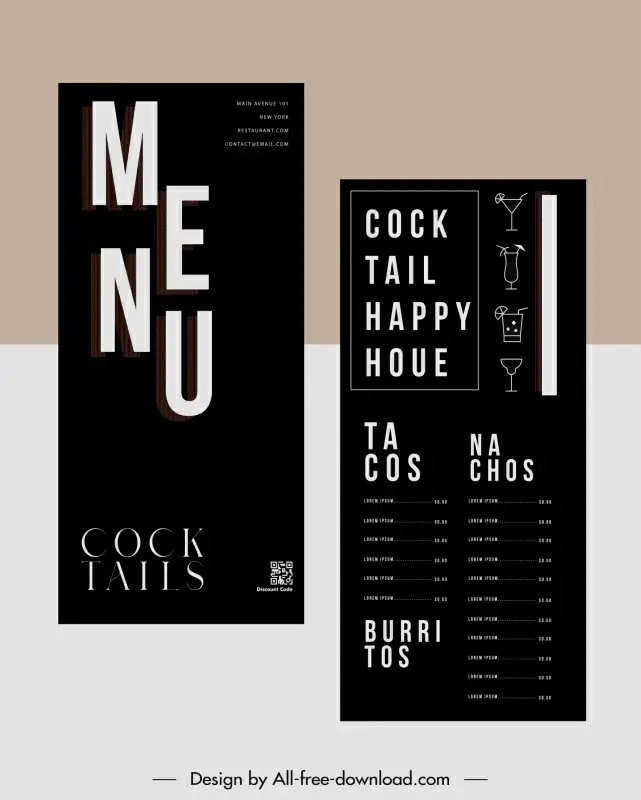 bar club menu template contrast plain texts cocktail glass