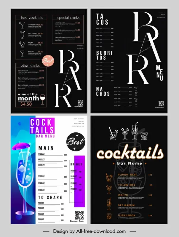 bar club menu templates elegant modern contrast cocktail decor