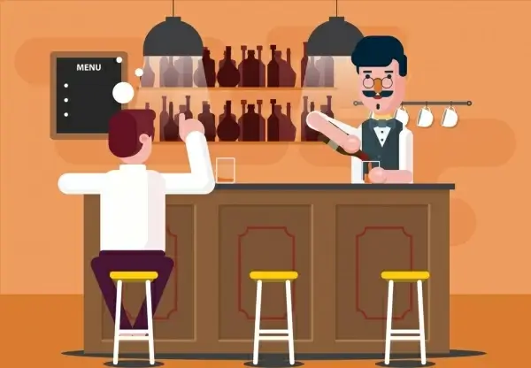 bar drawing bartender guest icons colored cartoon