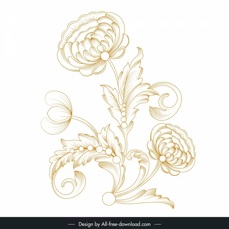 baroque floral ornament design elements handdrawn stylized chrysanthemums outline