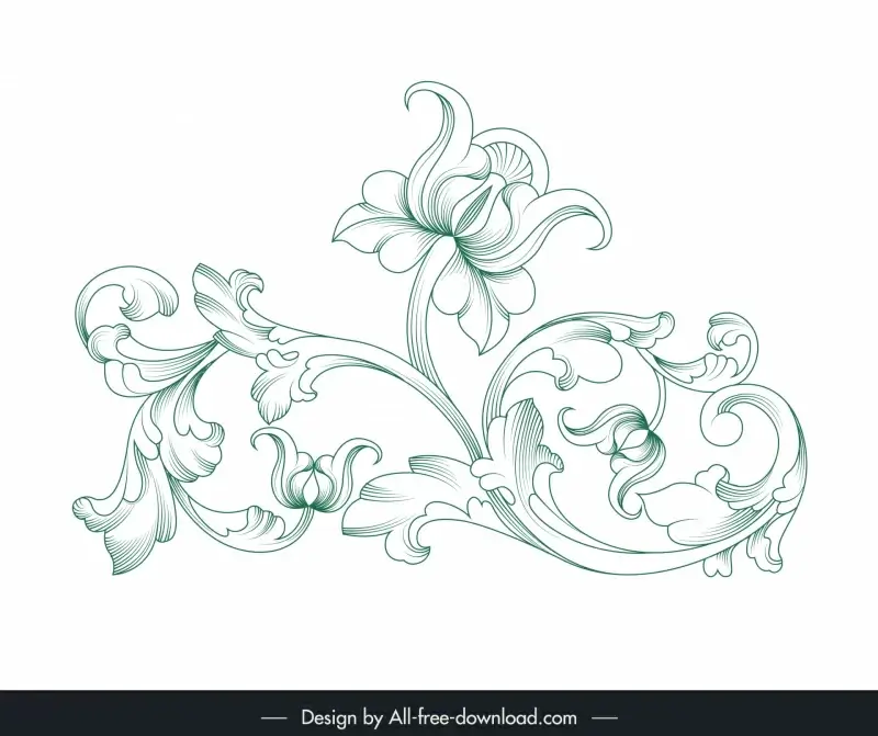 baroque vintage floral ornament design elements handdrawn stylized roses outline
