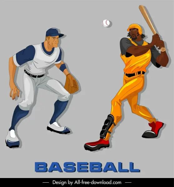 baseball icons colored cartoon characters sketch