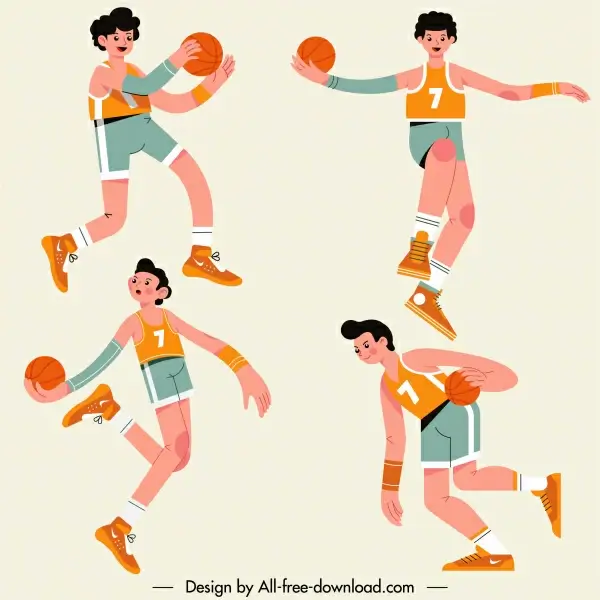 basketball athletes icons cartoon characters motion sketch